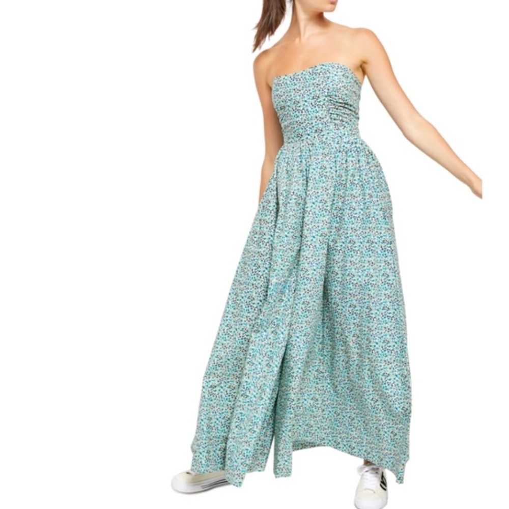 NWT Free People Mustang Strapless Ditsy Floral Wide Leg Jumpsuit Blue Size L - Picture 9 of 12